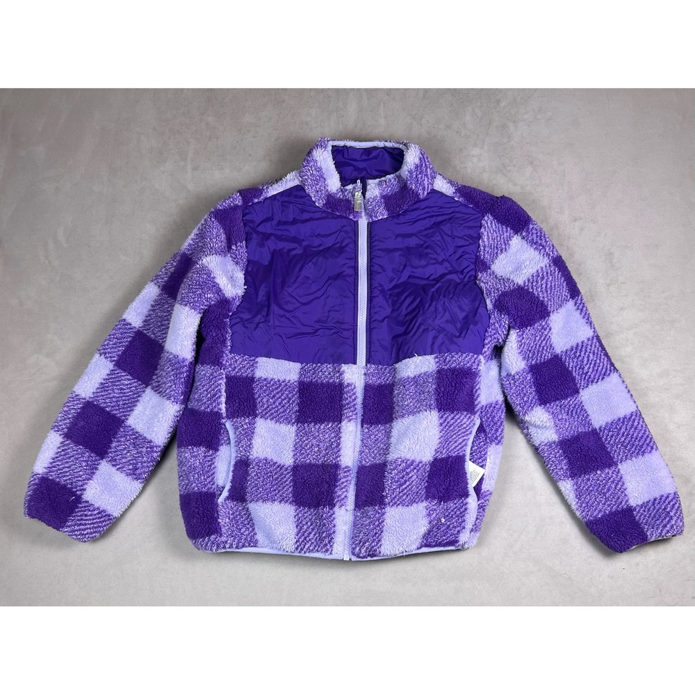 Members Mark Girls XL 14/16 Reversible Fleece Jacket Purple Buffalo Plaid Zip Up